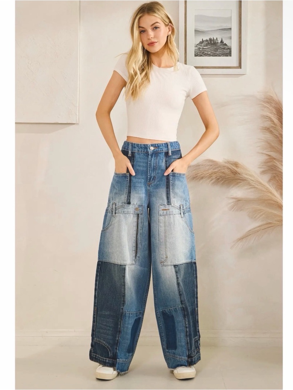 NWT Oli & Hali NWT Blue Faded UPSIDE DOWN POCKETS Patchwork Wide-Leg Jeans